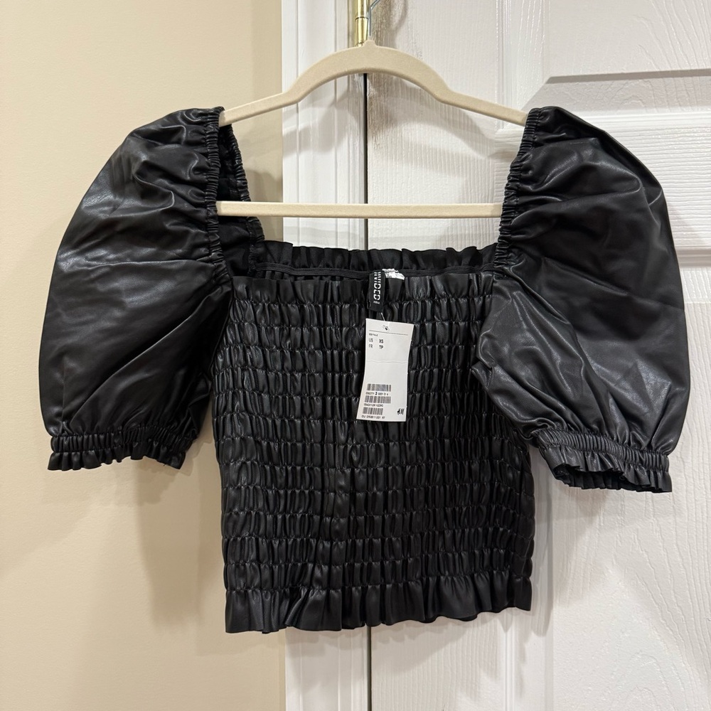 H&M Black Smocked Puff Sleeve Faux Leather Blouse